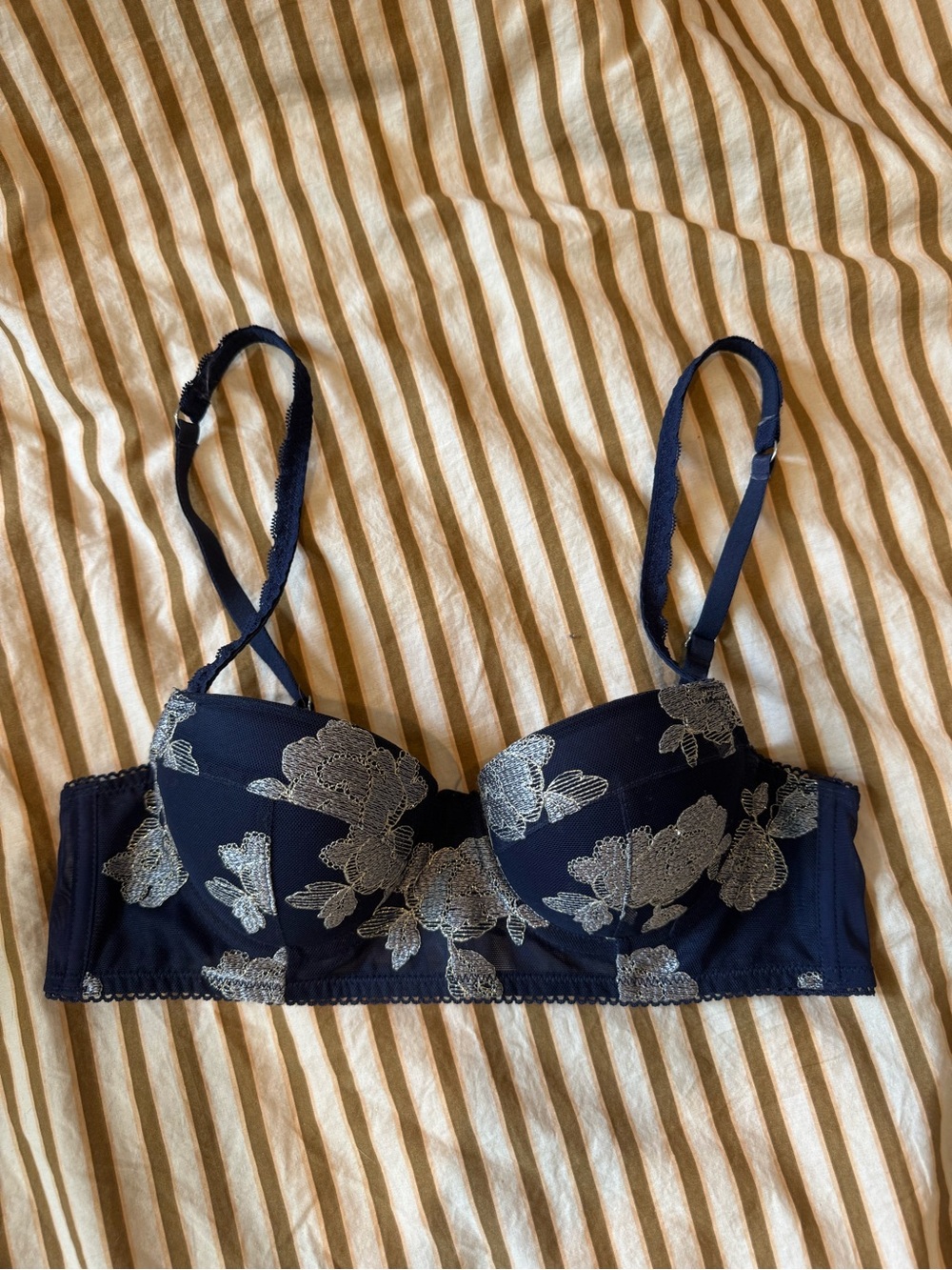 aerie Navy Bra with Silver Floral Lace Embroidery